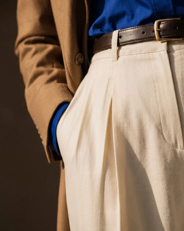 A hand in the pocket of pleated ivory trousers, a camel coat and cobalt shirt