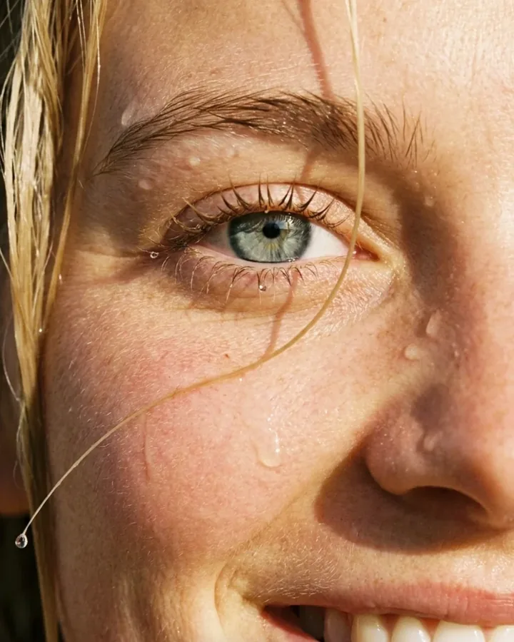 A sunlit close-up of a freckled face, one eye, wet hair and drops of water on the skin